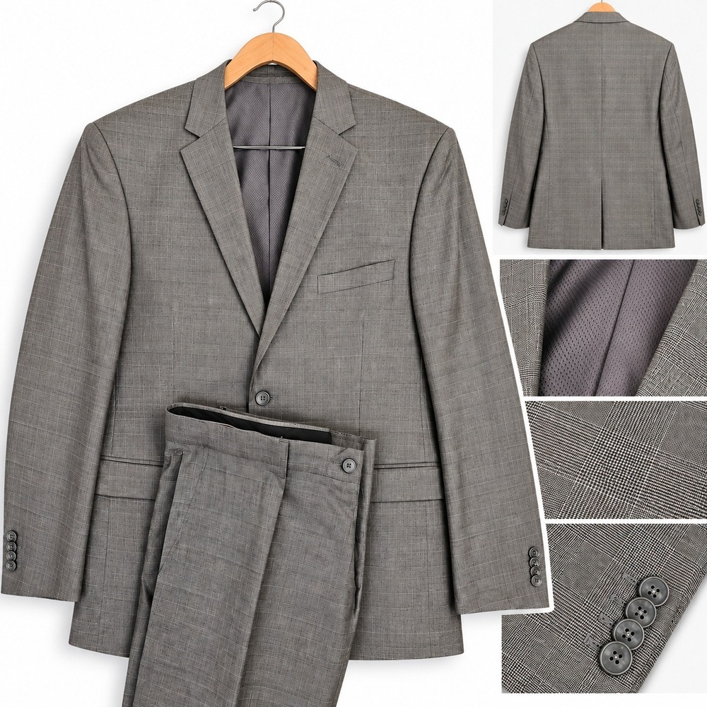 Bocaccio Uomo Mens Gray Glen Plaid 2 Piece Suit Two Button Blazer 48R x 42R